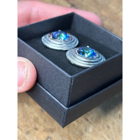 Silver Cufflinks With Blue Crystal Center & Circular Design - Picture 5 of 6